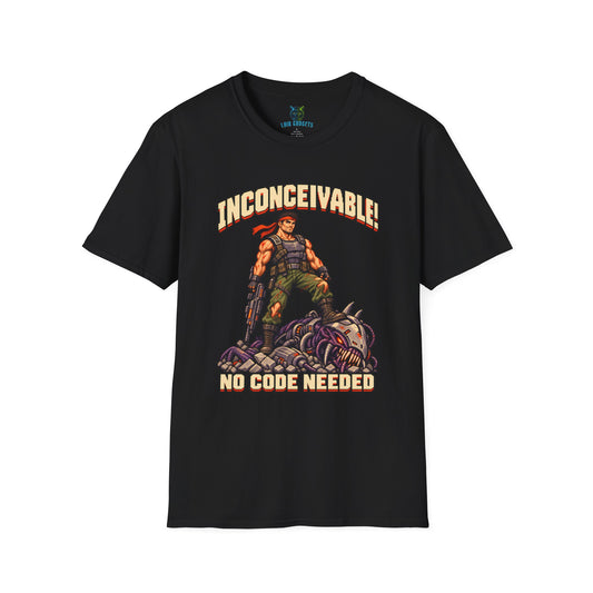 Black t-shirt with Inconceivable No Code Needed pixel art commando graphic