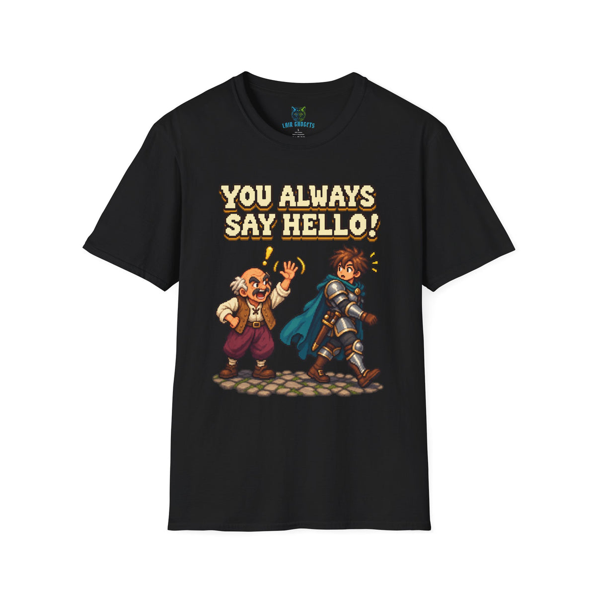 Black t-shirt with You Always Say Hello retro pixel art NPC graphic