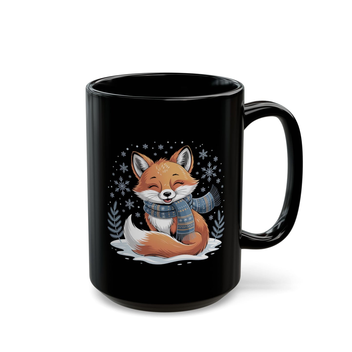 Frosted Whimsy Fox Mug by Lair Gadgets – 15 oz Black Ceramic Coffee Cup with Cozy Winter Fox and Snowflake Design