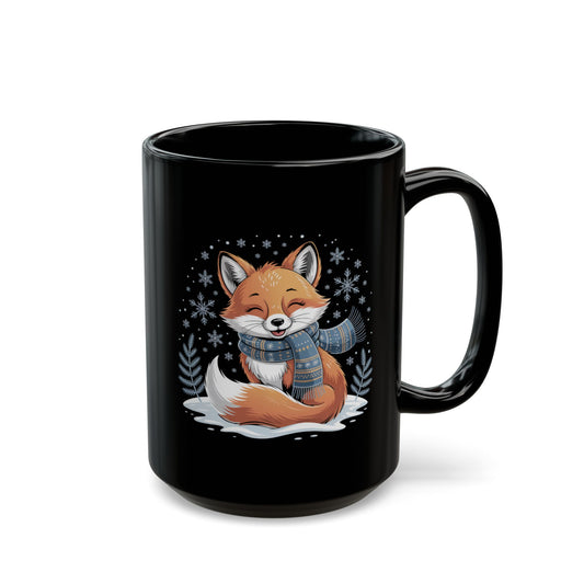 Frosted Whimsy Fox Mug by Lair Gadgets – 15 oz Black Ceramic Coffee Cup with Cozy Winter Fox and Snowflake Design