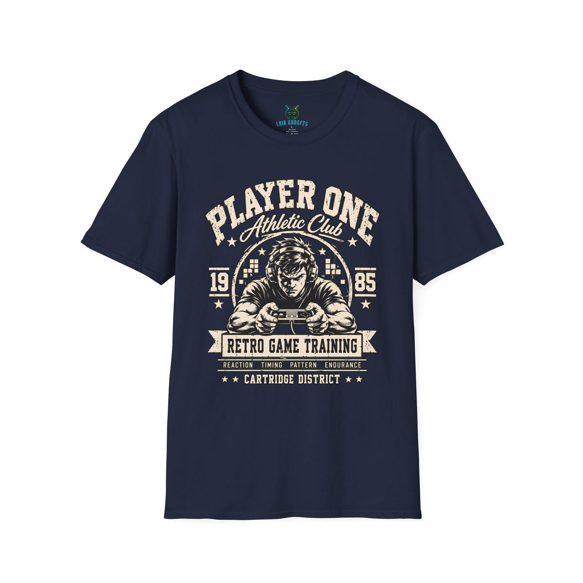 Retro gamer t-shirt in navy with vintage 80s varsity athletic club video game graphic, front view