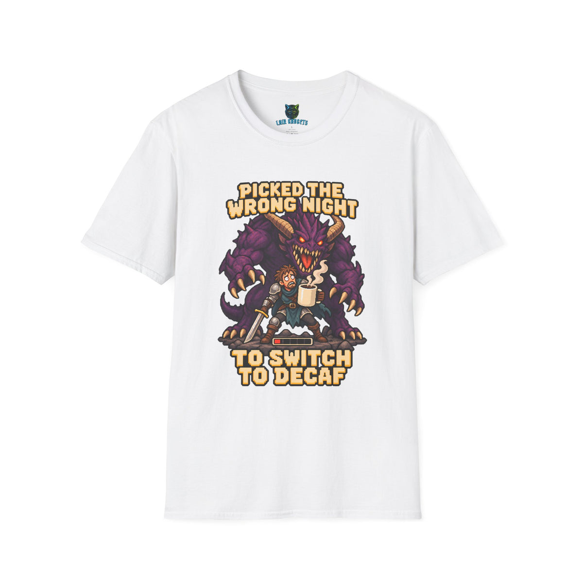 White t-shirt with Picked the Wrong Night to Switch to Decaf pixel art dragon graphic