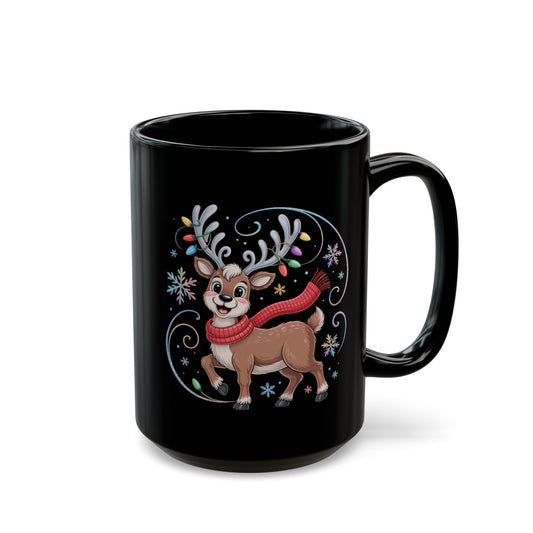 Festive Reindeer Mug by Lair Gadgets – 15 oz Black Ceramic Coffee Cup with Holiday Lights and Red Scarf Design