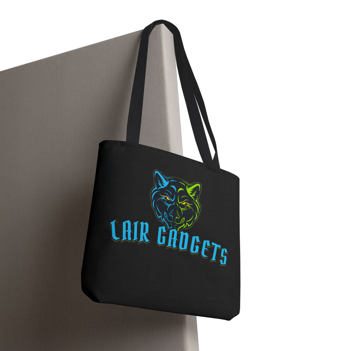 Lair Gadgets wolf logo tote bag, black, 16x16 inches, view 5