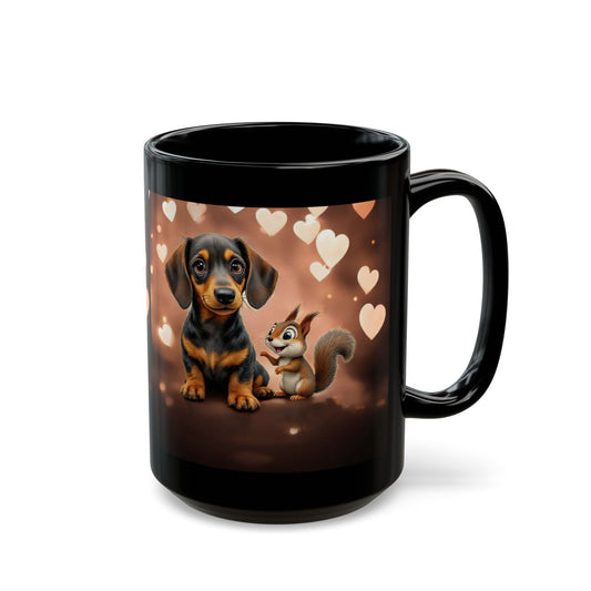 Cute Pet Lovers Black Mug with Heart Design, Charming Dog and Squirrel Print for Coffee Lovers