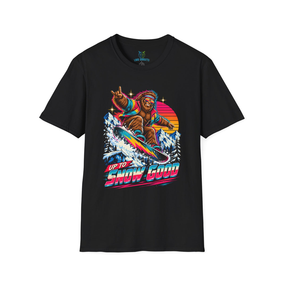 Black tee with Bigfoot snowboarding mid-air in aviators and an 80s ski jacket above the words Up to Snow Good