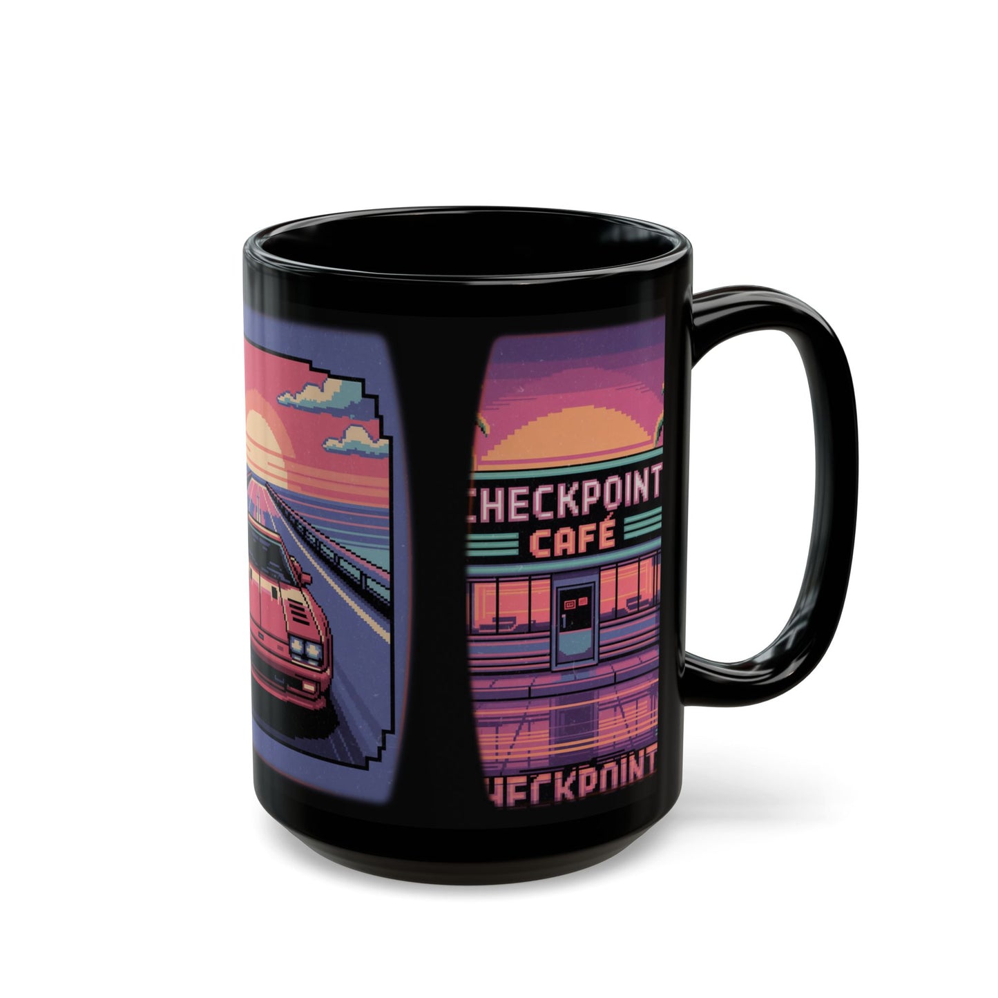 Retro Sunset Car Mug, 80s Aesthetic Coffee Cup, Vintage Car Lover Gift, Road Trip Funware, Perfect for Gamers and Nostalgia Seekers