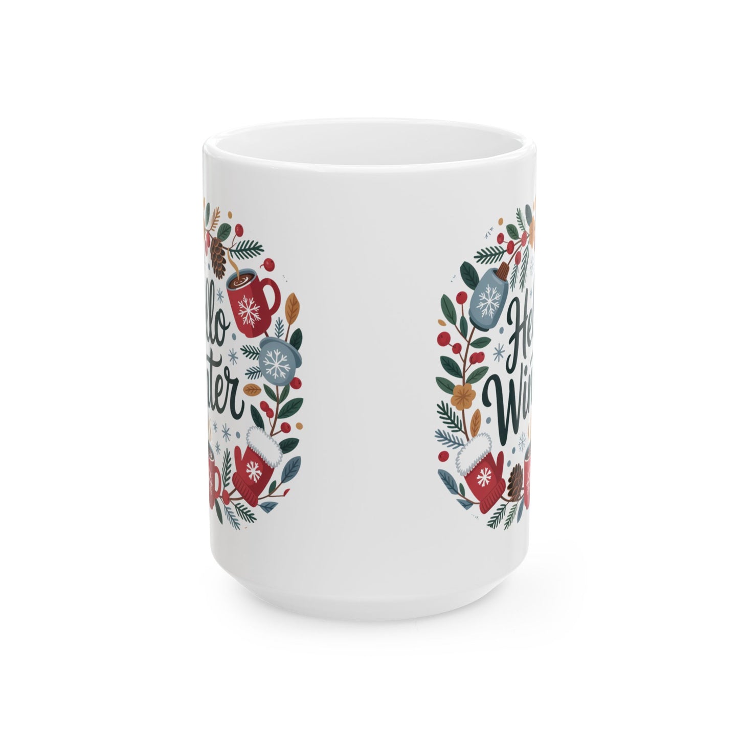 Monster Dig- Hello Winter Mug by Lair Gadgets – 15 oz White Ceramic Coffee Cup with Festive Seasonal Wreath Design