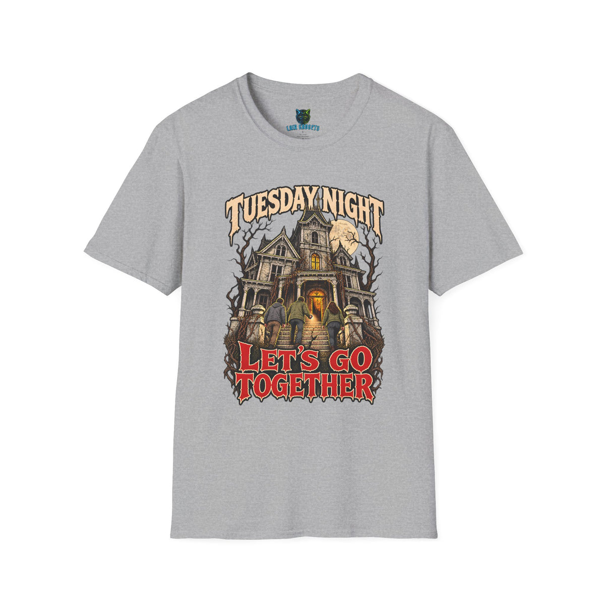 Sport grey t-shirt with Tuesday Night Let's Go Together haunted mansion horror graphic