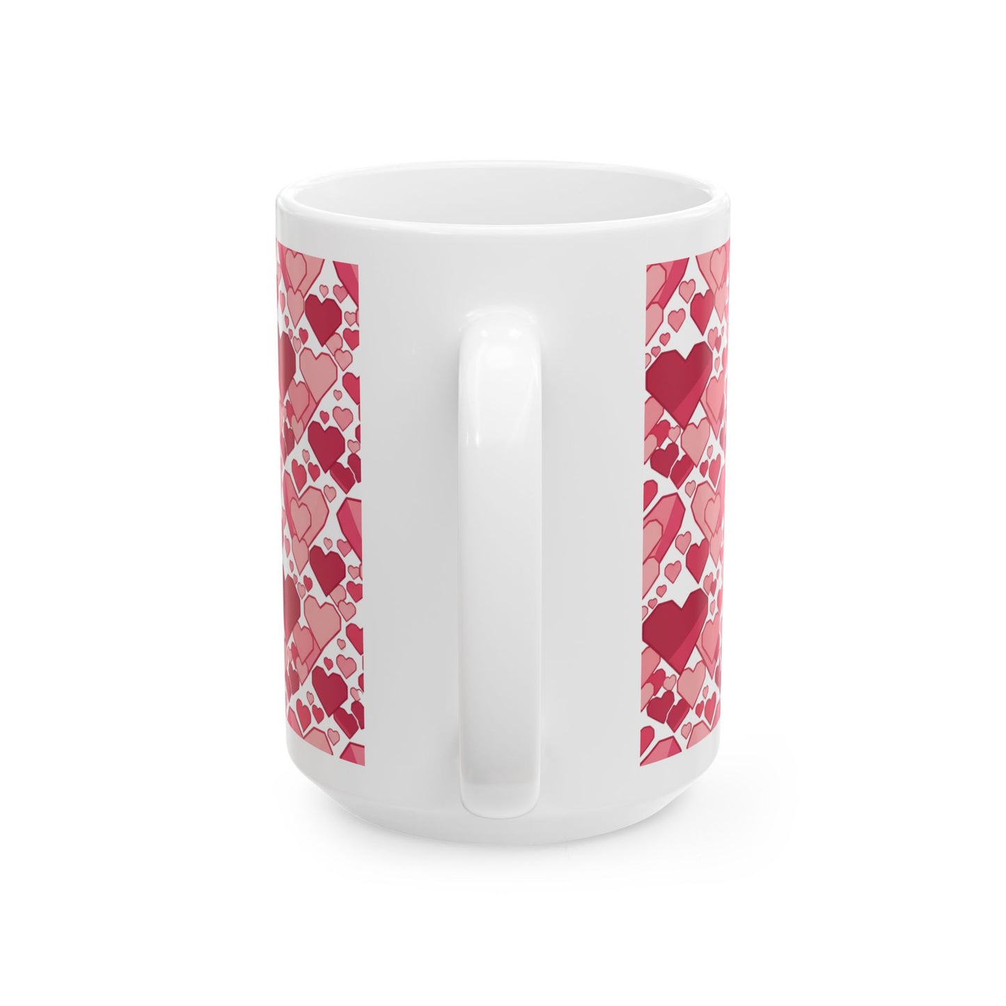 Valentine Coffee Mug with Pink and Red Heart Pattern, 15 oz White Ceramic Coffee Mug, Classic All-Over Heart Design Gift Mug — Sweetheart Hearts