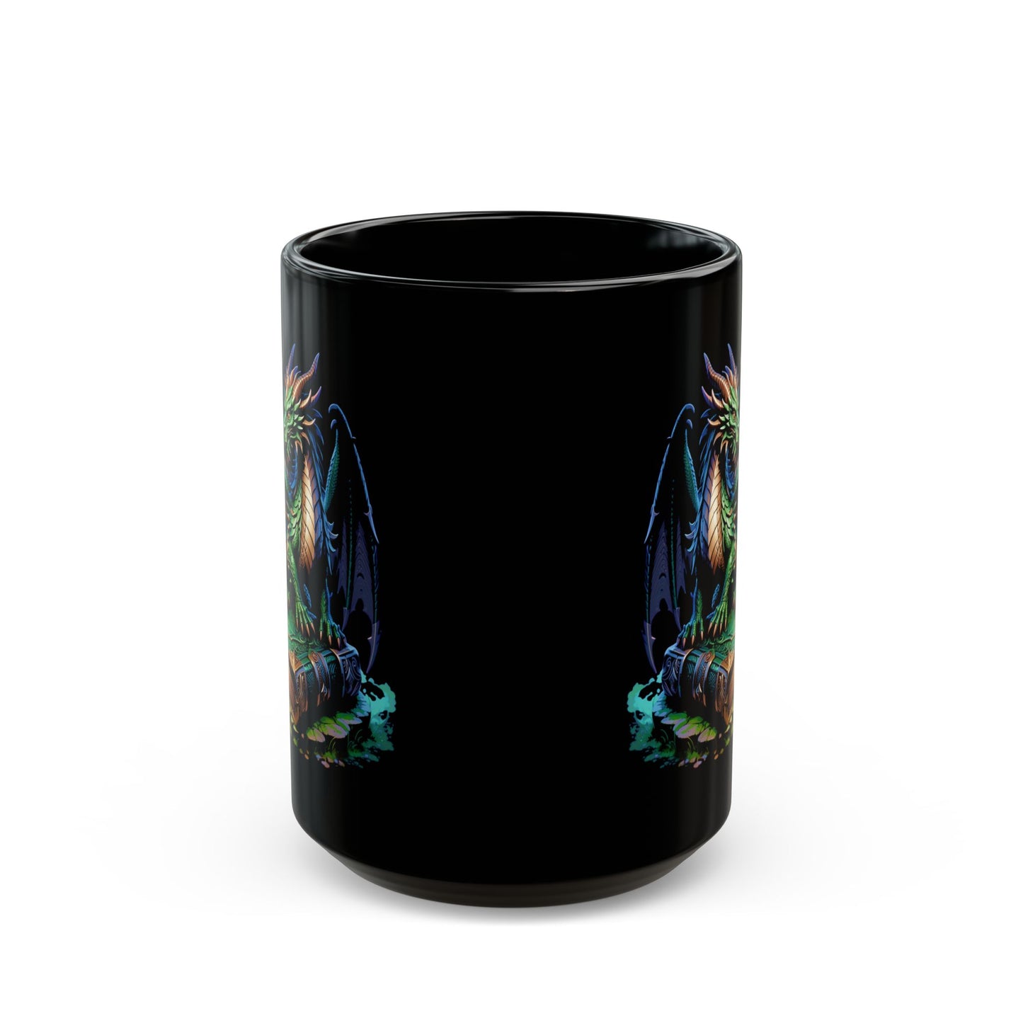 Green Dragon Guarding Book Black Mug (11oz, 15oz)