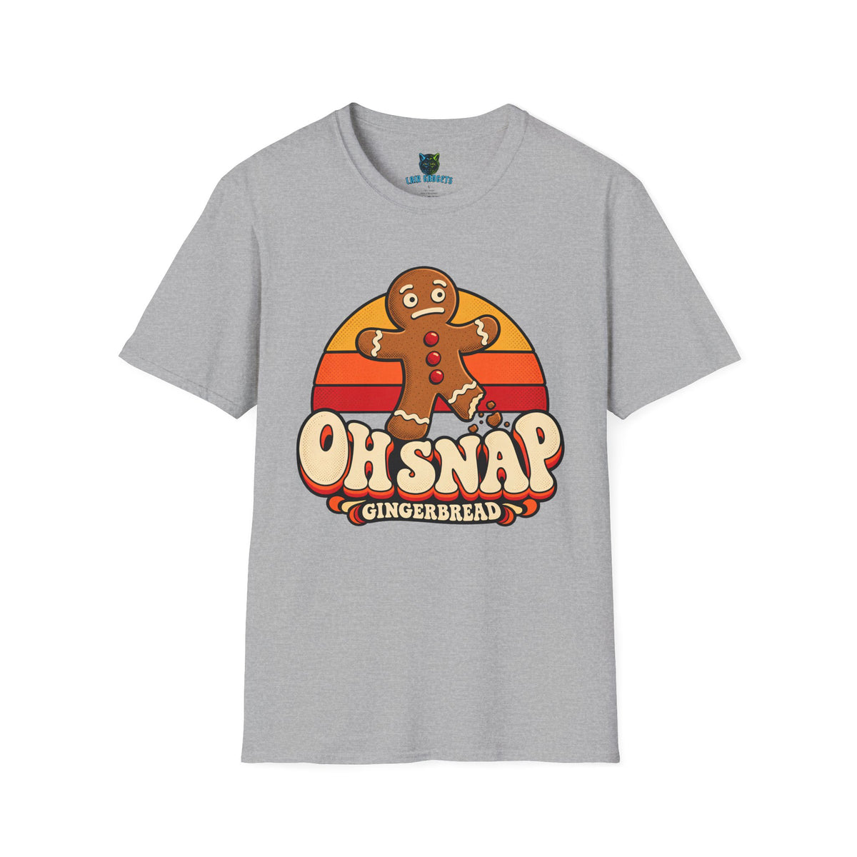 Snapped Gingerbread tee in Sport Grey: a worried gingerbread man with a bitten leg in front of a retro 70s sunset, Gingerbread in bubble letters
