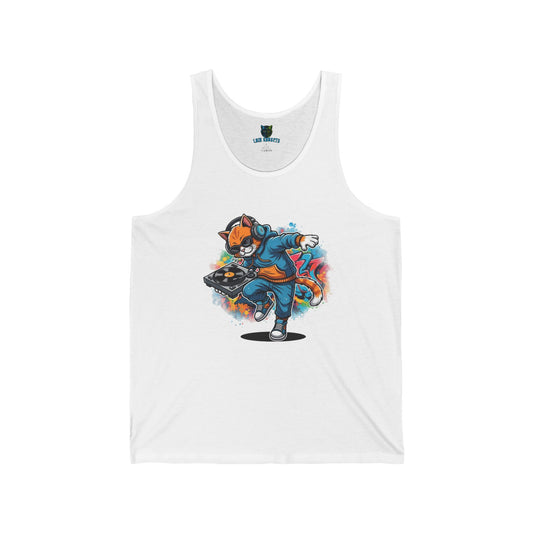 DJ Cat Jersey Tank, Cool Kitten with Turntable, Unique Music Lover Gift, Stylish Cat Graphic Tank, Funny Animal Tee, Party Tank, DJ Lover