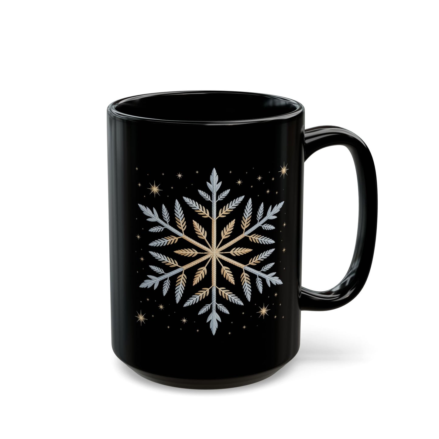 Winter Radiance Snowflake Mug by Lair Gadgets – 15 oz Black Ceramic Coffee Cup with Elegant Gold and Silver Flake Design