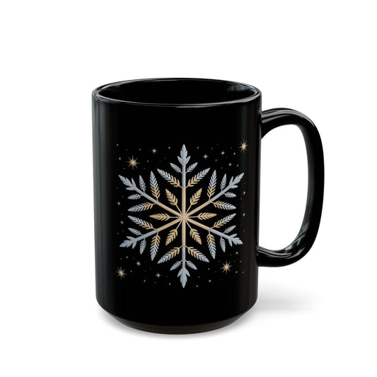Winter Radiance Snowflake Mug by Lair Gadgets – 15 oz Black Ceramic Coffee Cup with Elegant Gold and Silver Flake Design