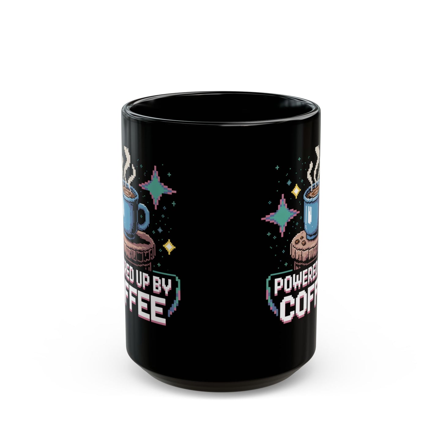 Retro Gamer Coffee Mug – Powered Up By Coffee – 15oz Black Ceramic – Pixel Art Video Game Gift