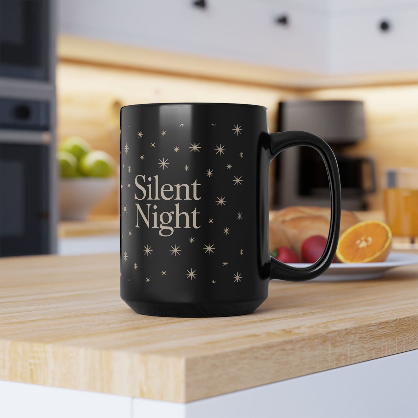 Silent Night Black Mug - Cozy Holiday Drinkware, Perfect Gift for Christmas, Coffee Lovers, Tea Enthusiasts, Starry Night Decor