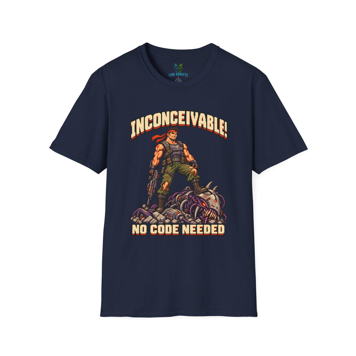 Navy t-shirt with Inconceivable No Code Needed pixel art commando graphic