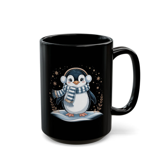 Winter Cheer Penguin Mug by Lair Gadgets – 15 oz Black Ceramic Coffee Cup with Cozy Holiday Penguin Design