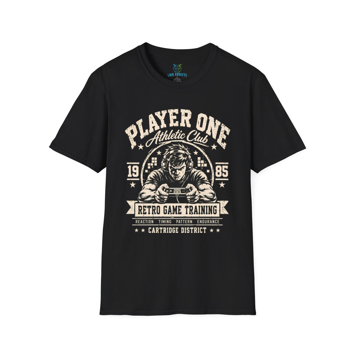 Retro gamer t-shirt in black with vintage 80s varsity athletic club video game graphic, front view