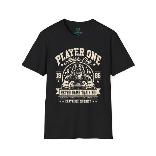 Retro gamer t-shirt in black with vintage 80s varsity athletic club video game graphic, front view