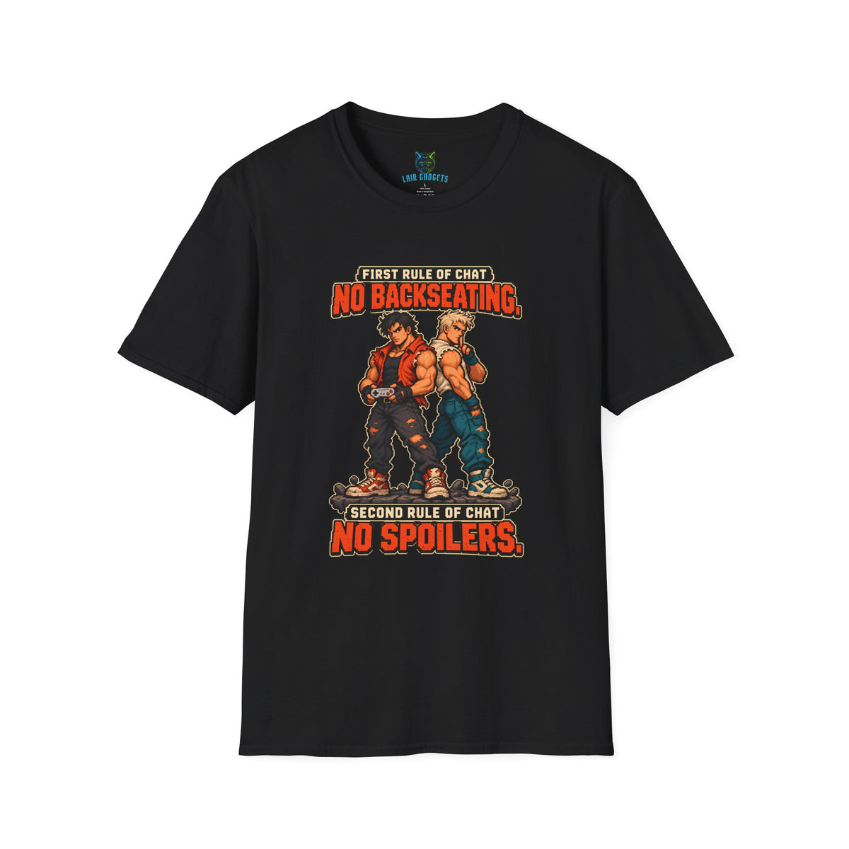 Black t-shirt with First Rule of Chat No Backseating No Spoilers pixel art brawlers graphic