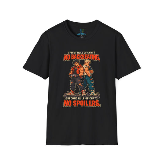 Black t-shirt with First Rule of Chat No Backseating No Spoilers pixel art brawlers graphic