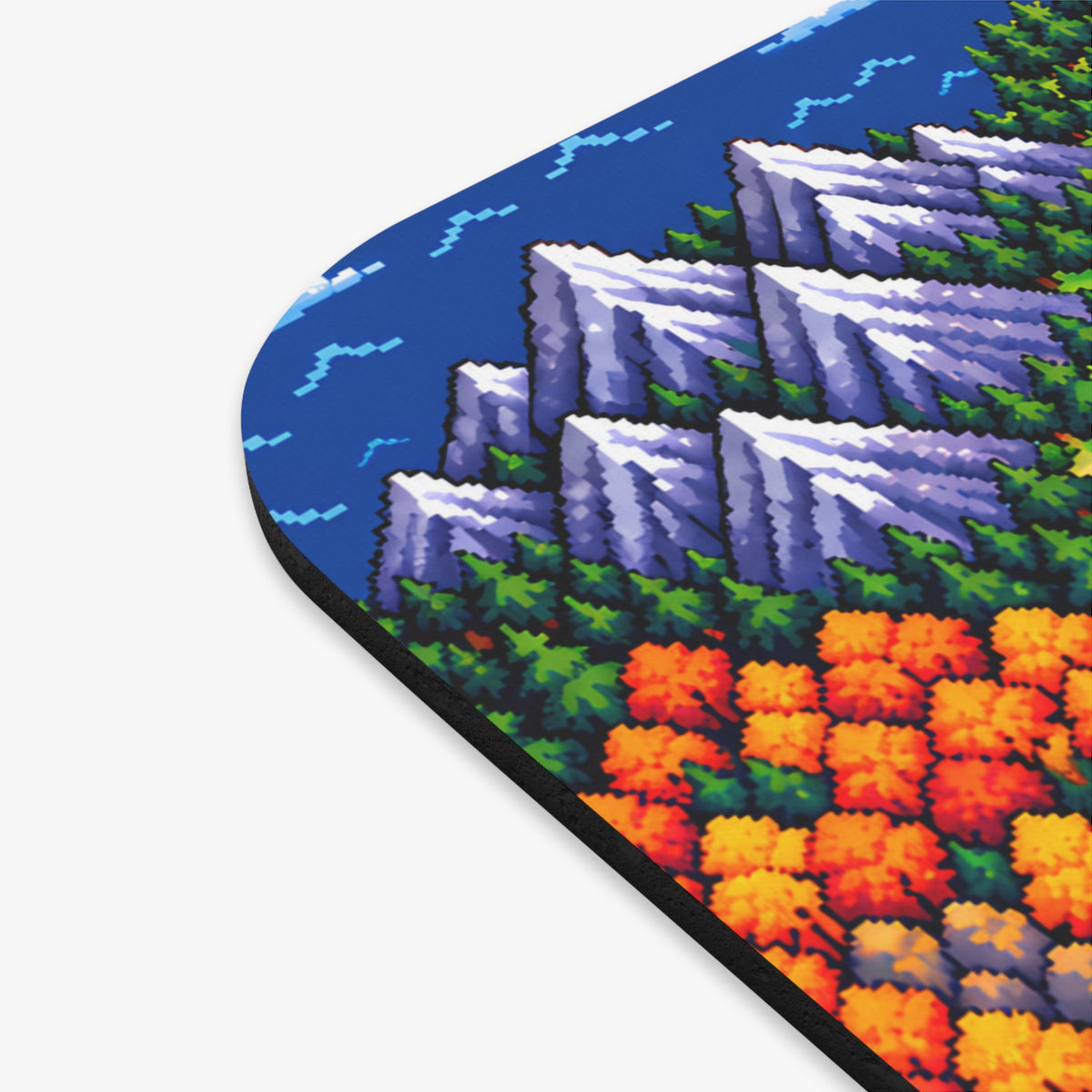 Pixel art RPG map mouse pad showing a red arrow pointing to a cottage on a seaside cliff
