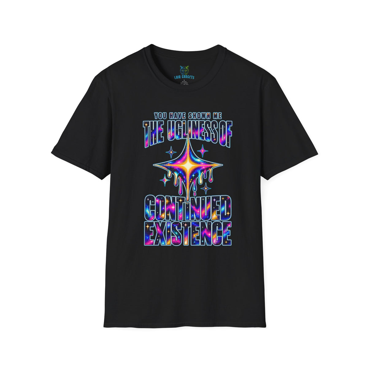 Continued Existence pixel art galaxy t-shirt on black, front view