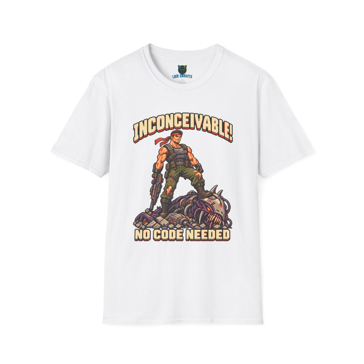 White t-shirt with Inconceivable No Code Needed pixel art commando graphic