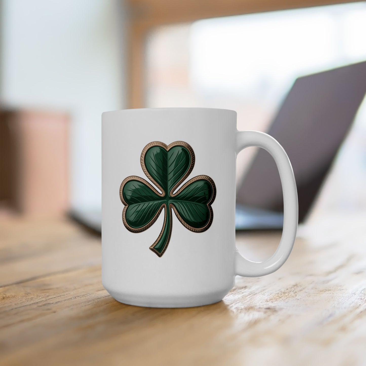 Shamrock on White Ceramic Mug, (15oz)
