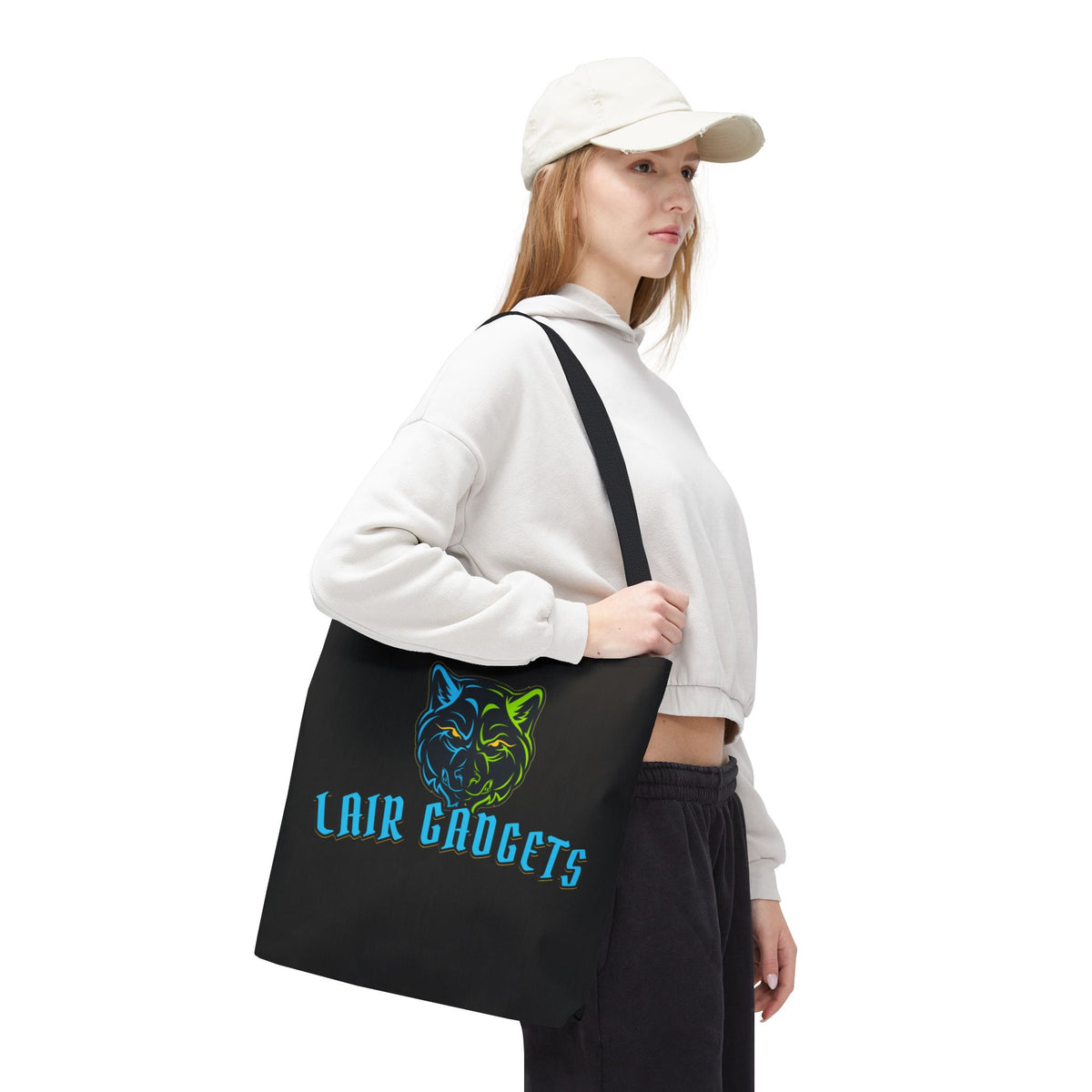 Lair Gadgets wolf logo tote bag, black, 16x16 inches, view 4