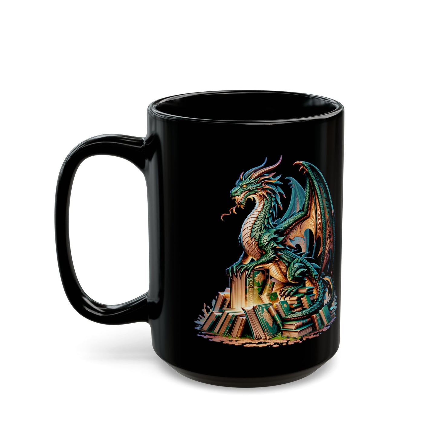 Green Dragon Book Pile Black Mug (11oz, 15oz)