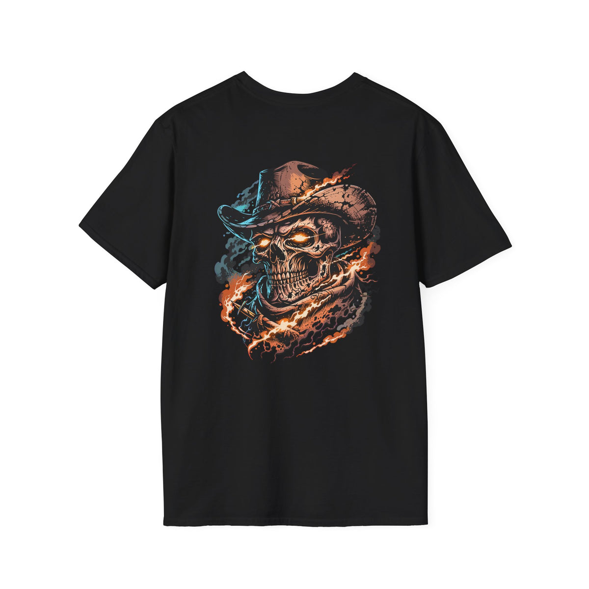 Cowboy Skull T-Shirt – Flaming Western Skull Back Print Graphic Tee