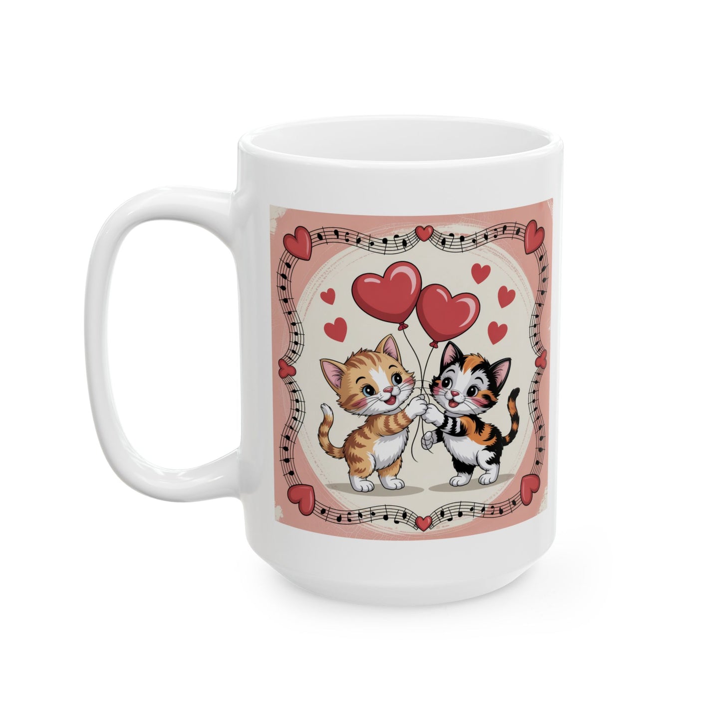 Lair Gadgets Valentine Coffee Mug with Cute Kitten Heart Balloon Design, 15 oz White Ceramic Coffee Mug, Retro Cat Gift Mug for Cat Lovers — Retro Kitten Heart Balloons