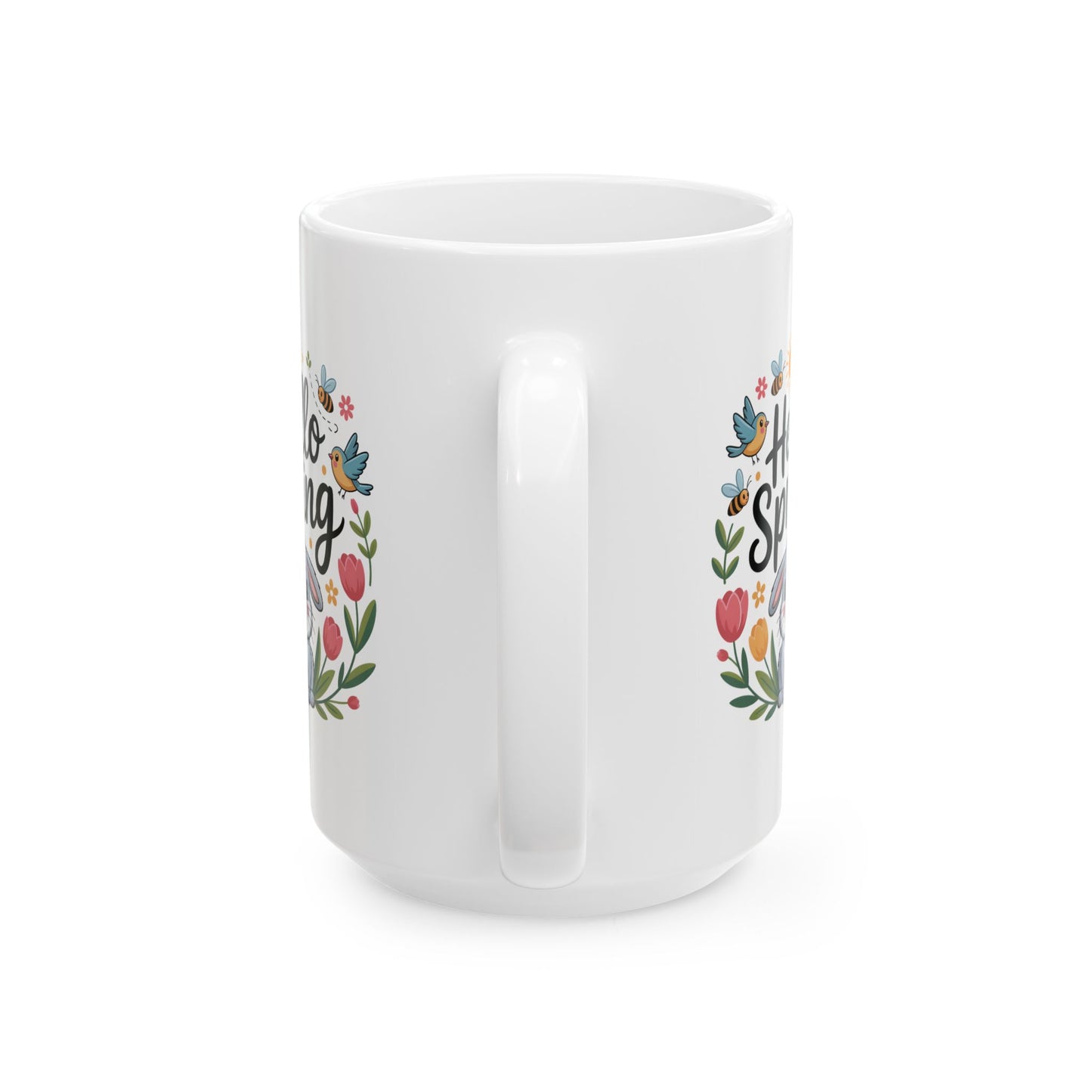 Spring Coffee Mug with Bunny and Floral Design, White Ceramic 15 oz Mug, Easter and Seasonal Drinkware by Lair Gadgets