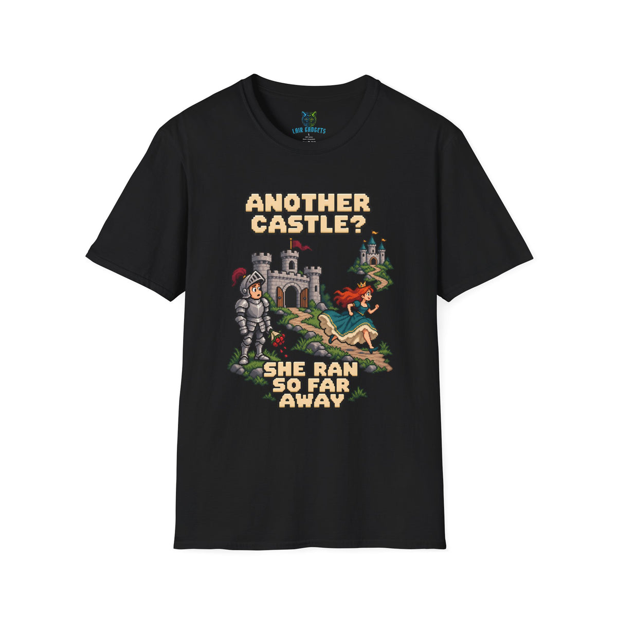Black t-shirt with Another Castle She Ran So Far Away pixel art knight graphic