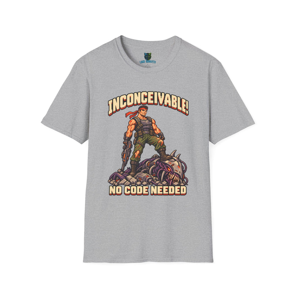 Sport grey t-shirt with Inconceivable No Code Needed pixel art commando graphic