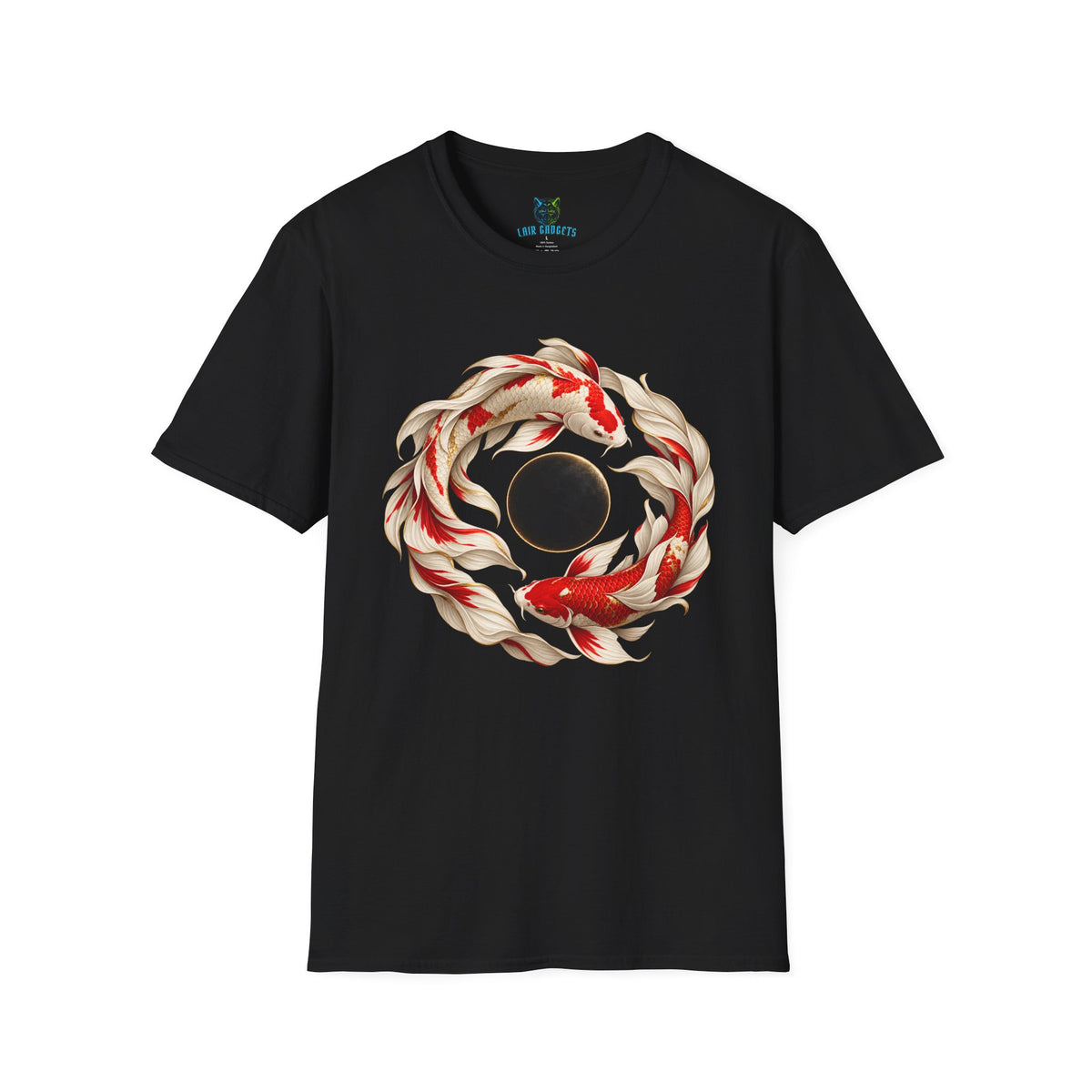 Black t-shirt with red and white koi fish circle graphic