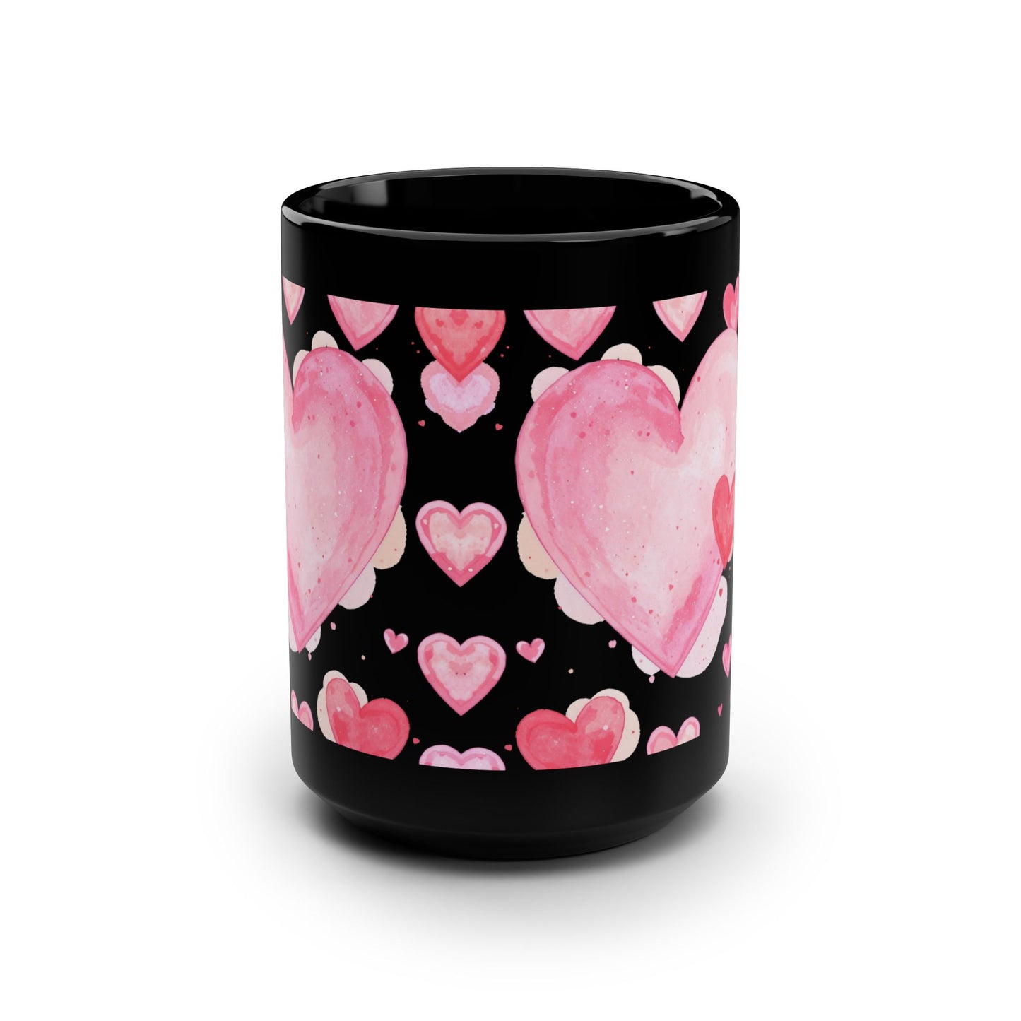 15oz Black Mug — Pink Watercolor Hearts Pattern -Score 89
