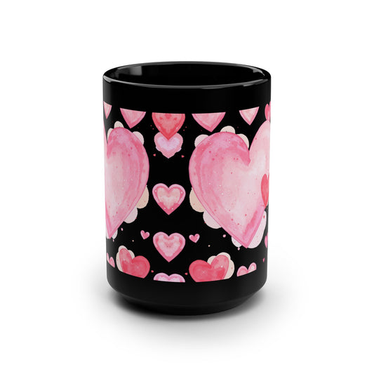 15oz Black Mug — Pink Watercolor Hearts Pattern -Score 89