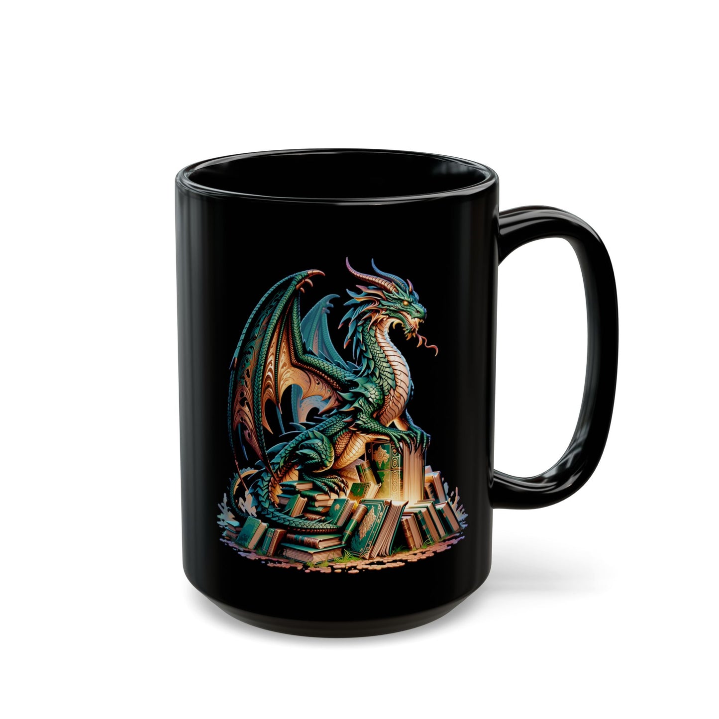Green Dragon Book Pile Black Mug (11oz, 15oz)