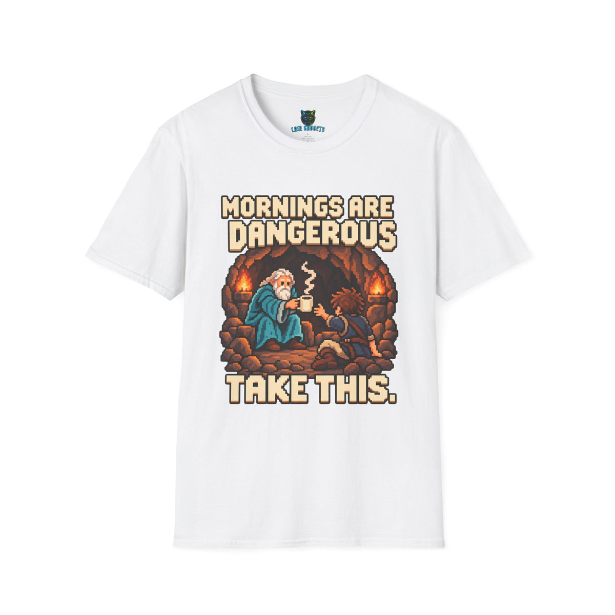 White t-shirt with Mornings Are Dangerous Take This retro pixel art coffee graphic