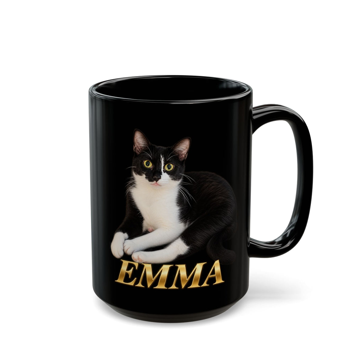 15 oz black custom cat portrait mug with a tuxedo cat named Emma and her name in gold lettering