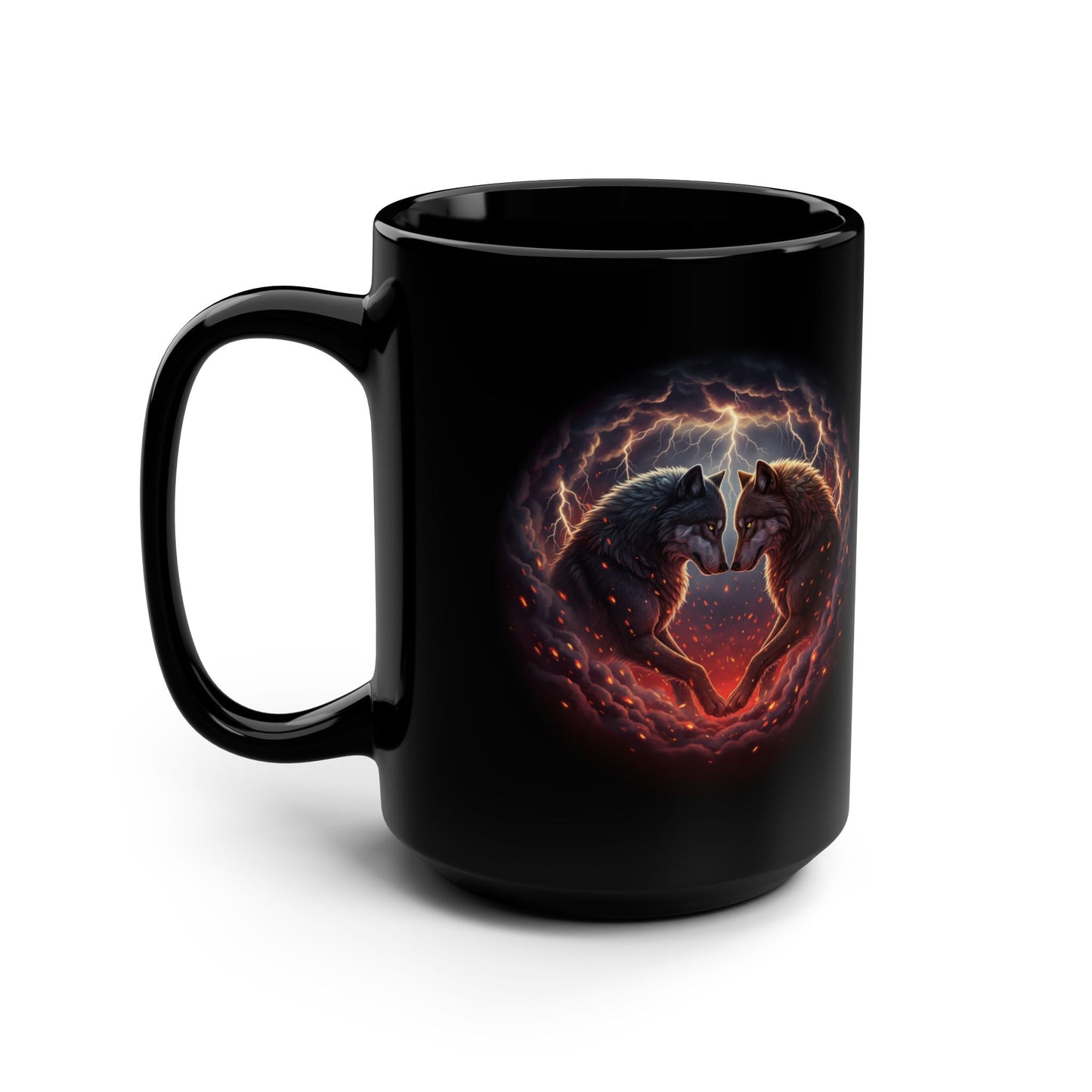 15oz Black Mug Fiery Cosmic Wolf Heart - Score 96