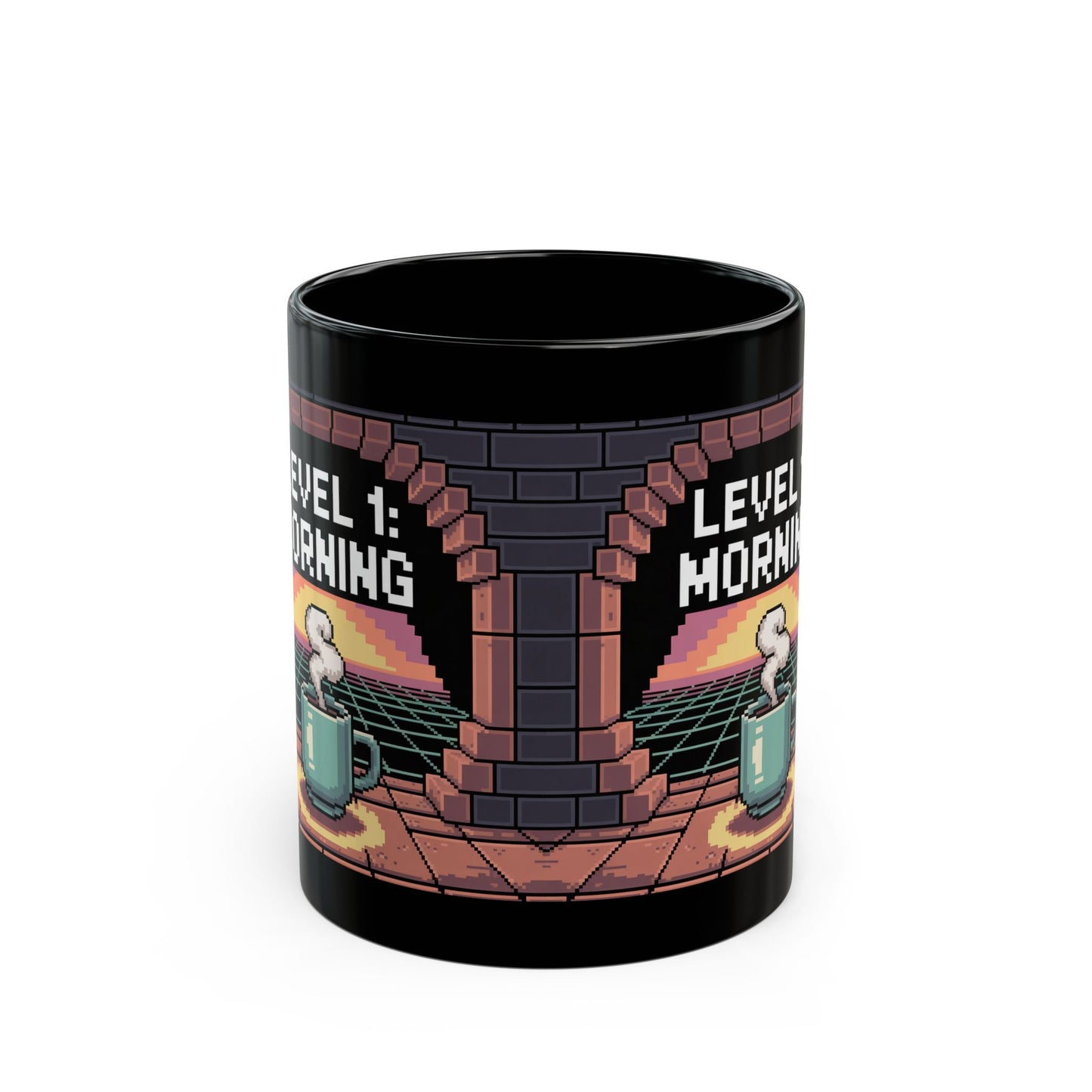 Retro Gamer Coffee Mug – Level 1 Morning Pixel Art Design – Black Ceramic – Funny Video Game Gift- B0GR2P8VNW