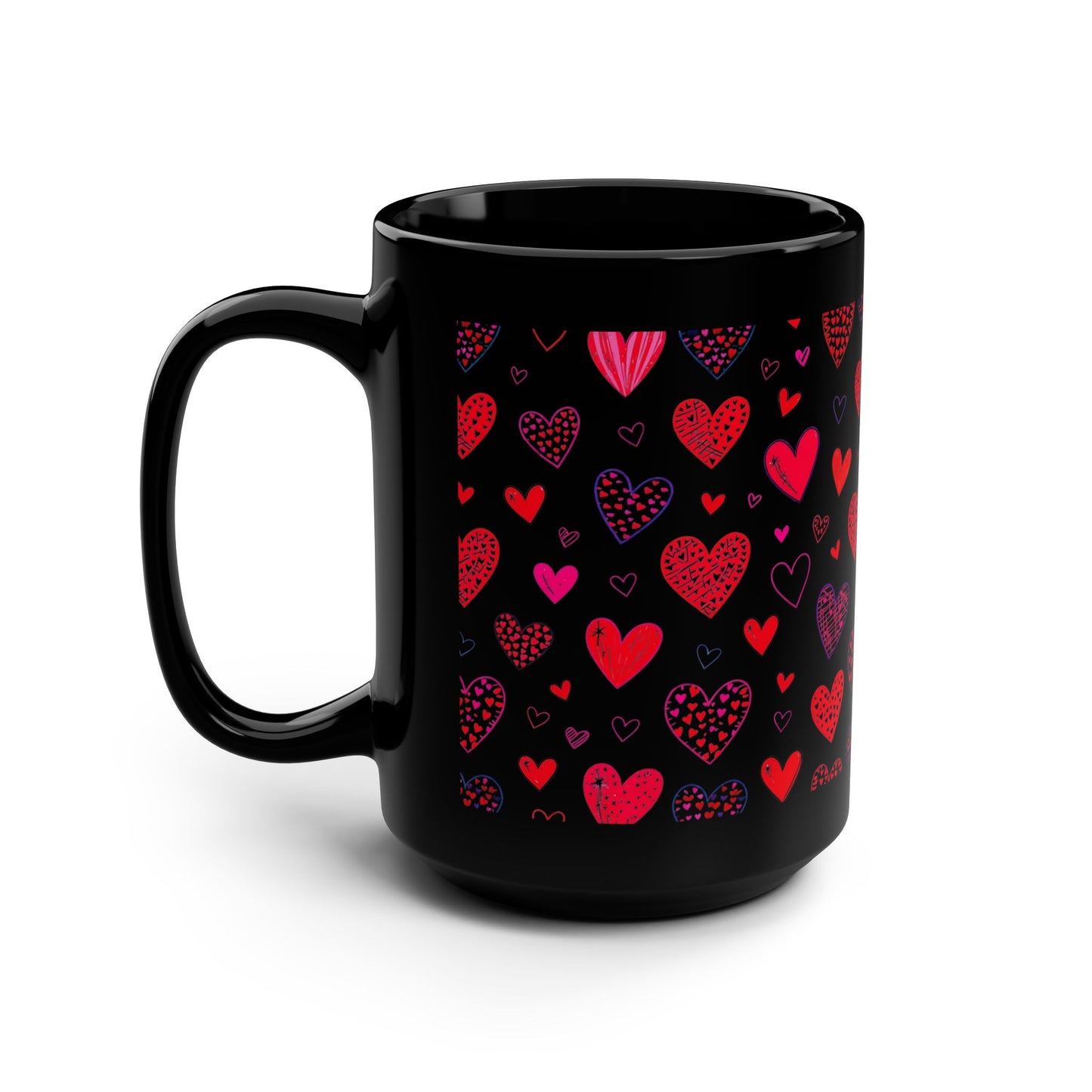 15oz Black Mug — Red & Pink Heart Pattern - score 82