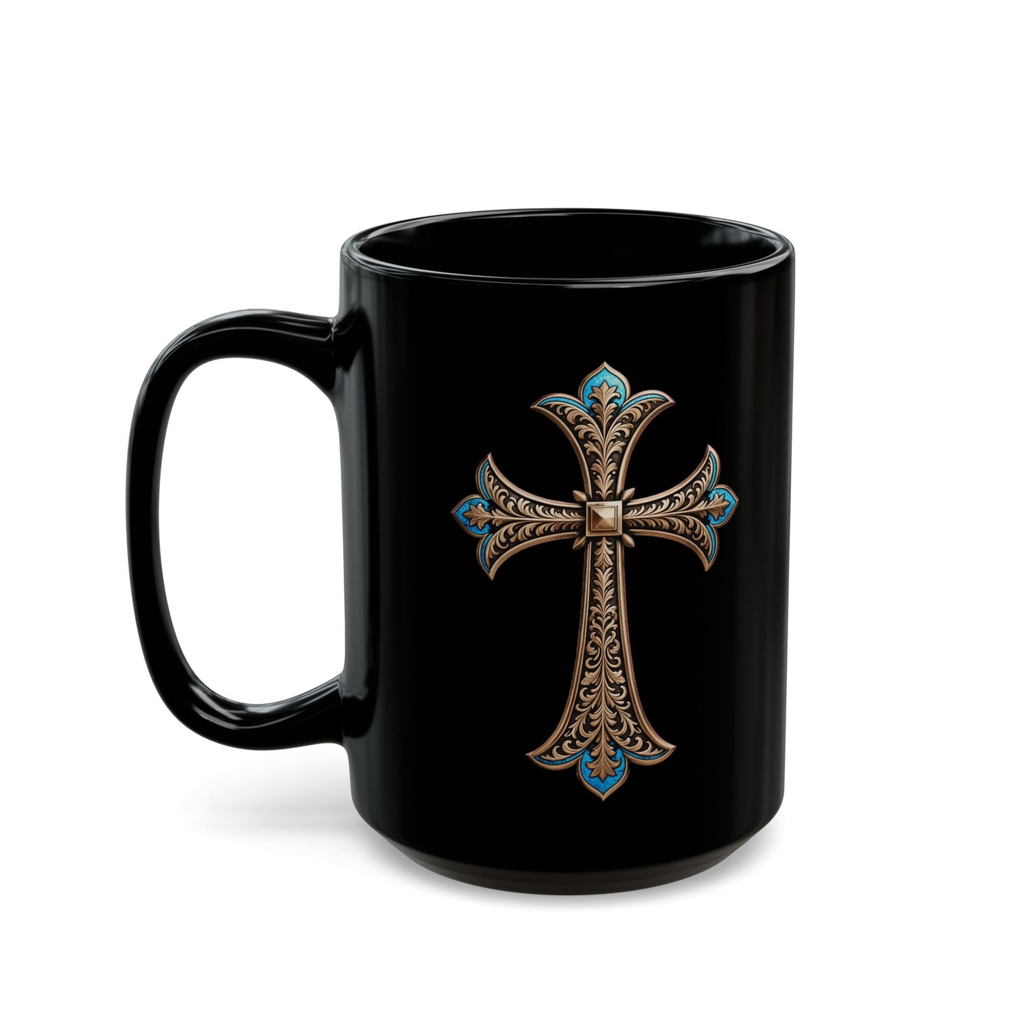 Easter Cross Blue Accent on Black Mug (11oz, 15oz)