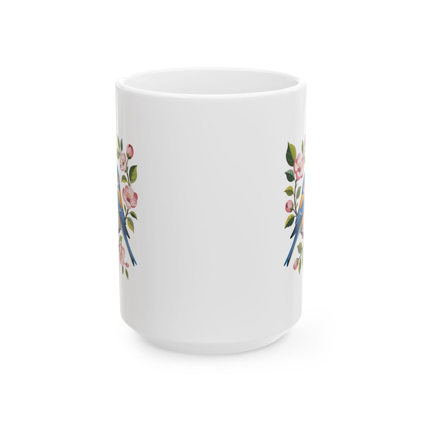 Bird Coffee Mug with Floral Illustration Design, Colorful Songbird Artwork, 15 oz White Ceramic Mug for Home or Office Use — by Lair Gadgets