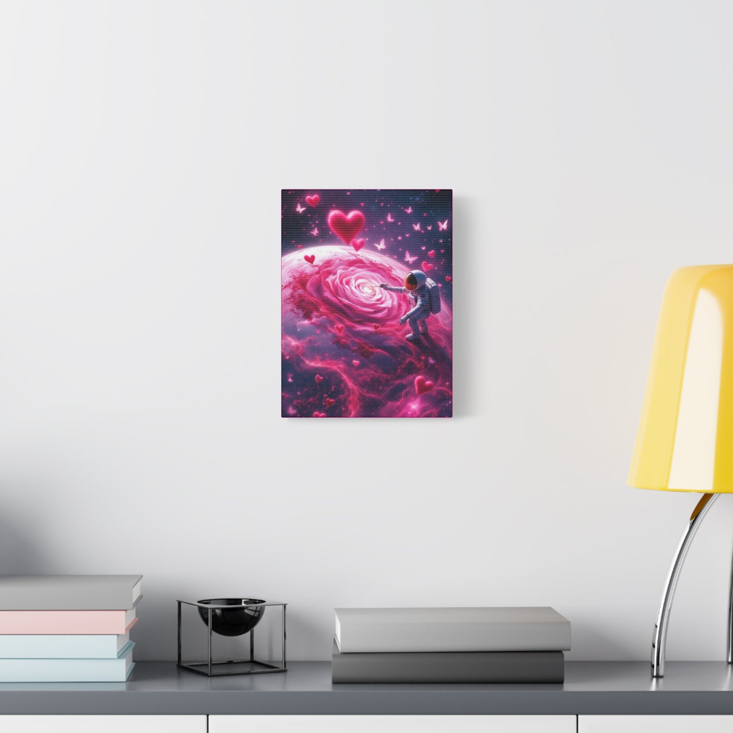 Cosmic Love Matte Canvas, Vibrant Astronaut with Rose Art for Romantic Home Decor, Perfect Valentine’s Day Gift